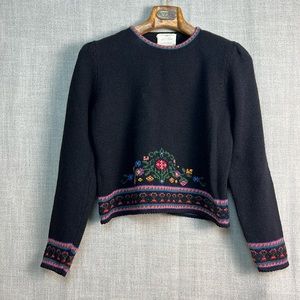 Rare Vintage Susan Bristol Floral Hand Embroidered Wool Sweater